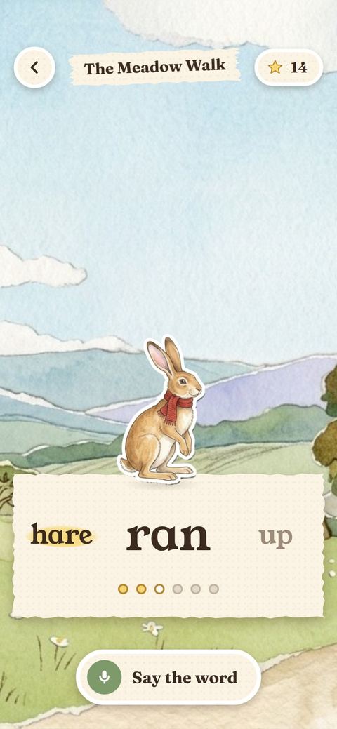 The Meadow Walk on a sunny morning, with the hare sitting by the word card