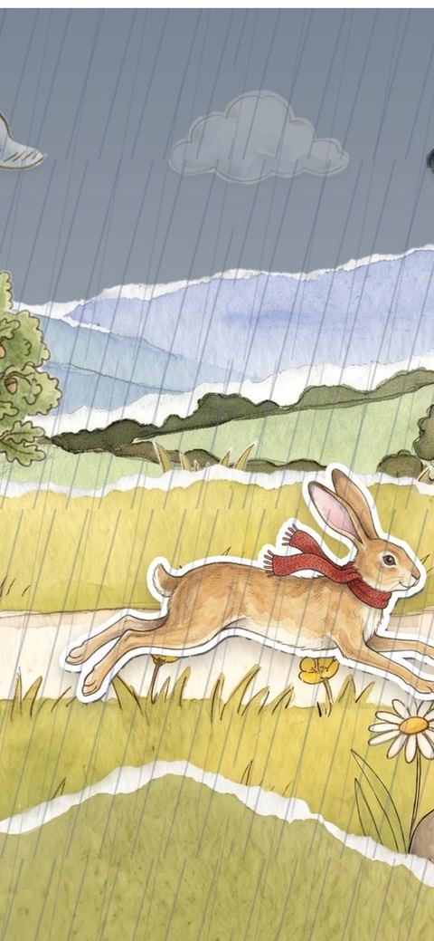 Storm on the Hill: rain falls as the hare leaps through the grass
