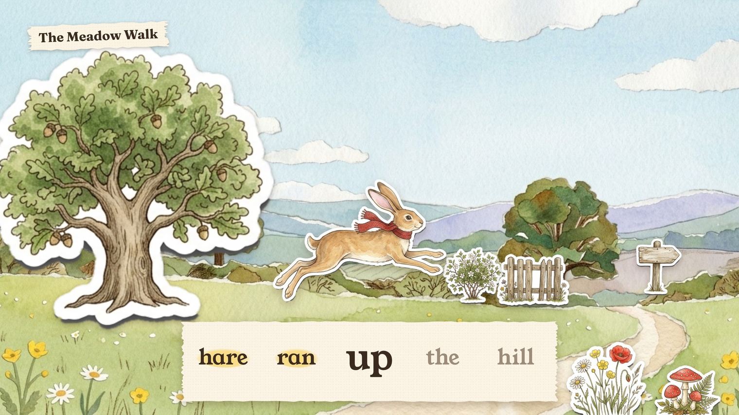 Hop Tales on an Apple TV: the whole meadow with the oak, the leaping hare and the words 'hare ran up the hill'